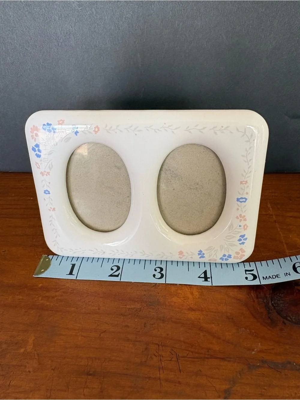 Double Oval Ceramic Photo Frame in White with Blue & Peach Floral Accents